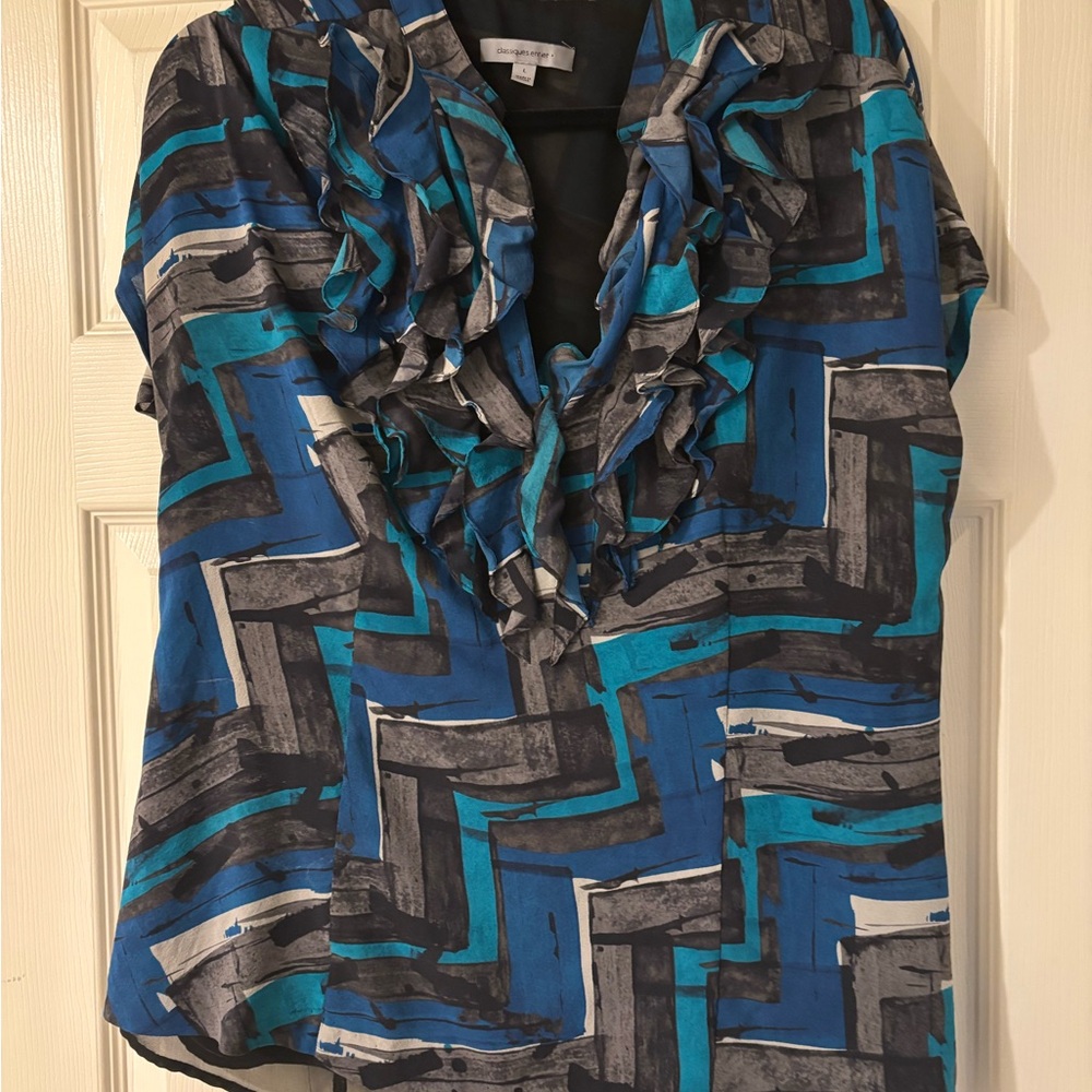 Classiques Entier Blue Ruffled Graphic Silk Blouse Large